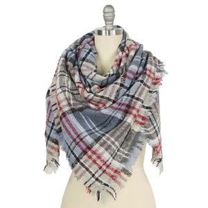 Plaid Blanket Scarf with Fringe Blue/ Grey